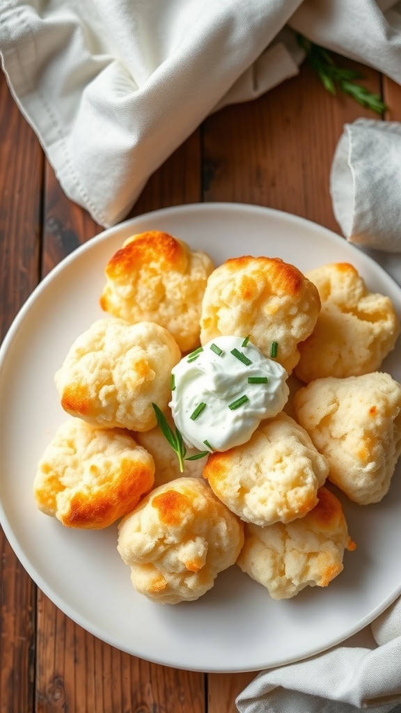 Fluffy Cloud Bread Recipe Fluffy cloud bread pieces on a plate with cream cheese and herbs on a rustic table.